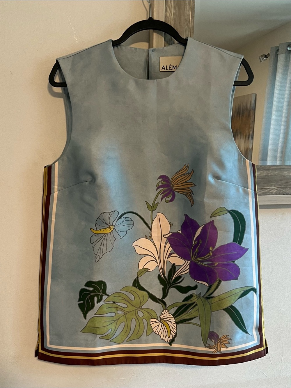 Alemais Pale Blue Silk Floral Tunic with Purple & Cream Blooms
